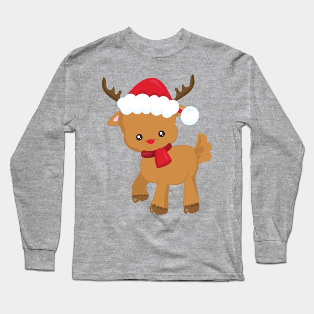 Christmas Reindeer, Red Nose, Santa Hat, New Year Long Sleeve T-Shirt by Jelena Dunčević